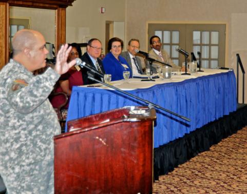 COL Robert McVay speaking before the STEM Day symposium.