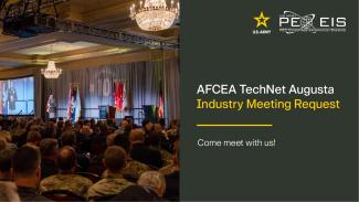 Visual graphic containing photo of a conference and information for requesting a meeting with PEO EIS